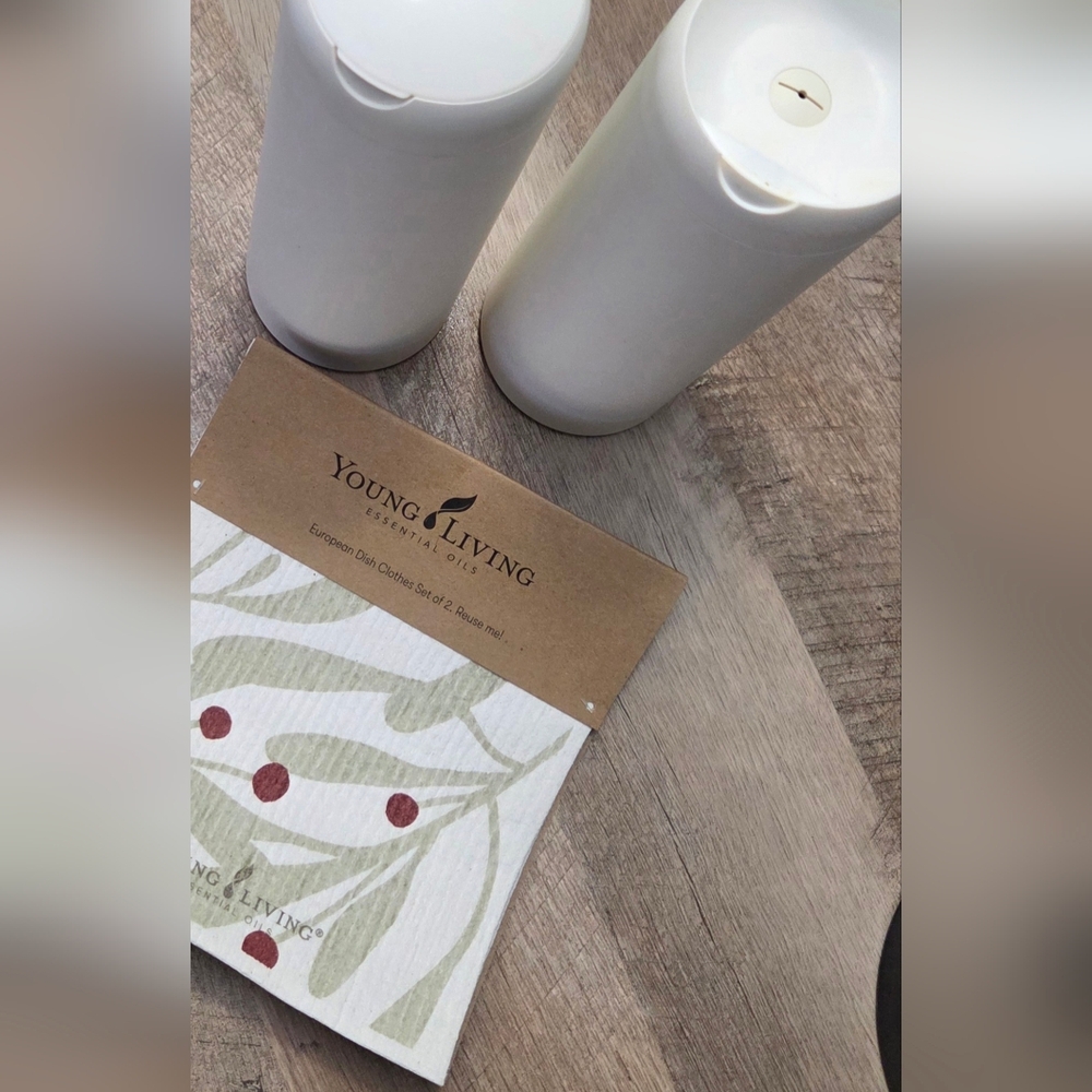 YOUNG LIVING branded bundle: Thieves wipes dispenser & 2 pack of dish cloths